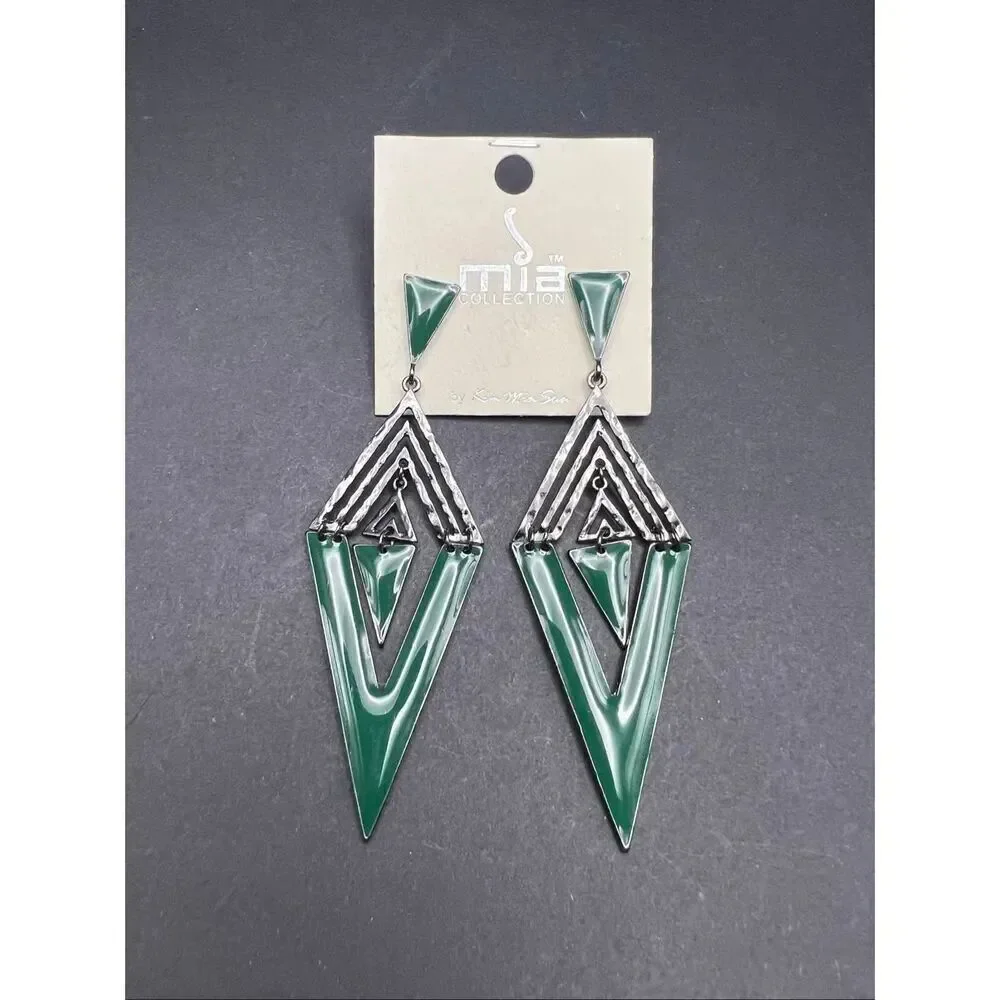 Mia Collection Black Forest Green Enamel Diamond Chevron Triangle Earrings